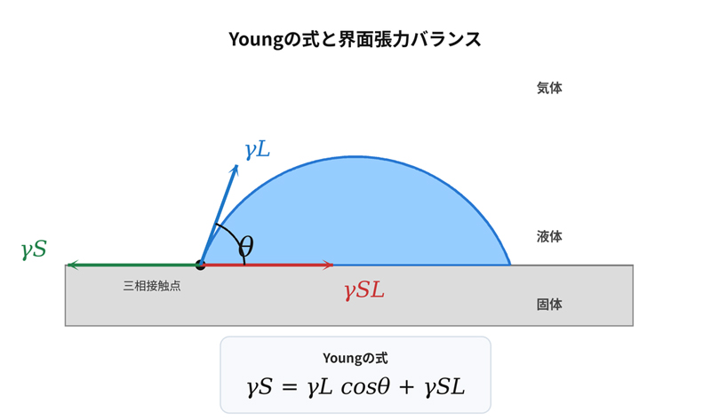Youngの式と界面張力バランスのモデル図